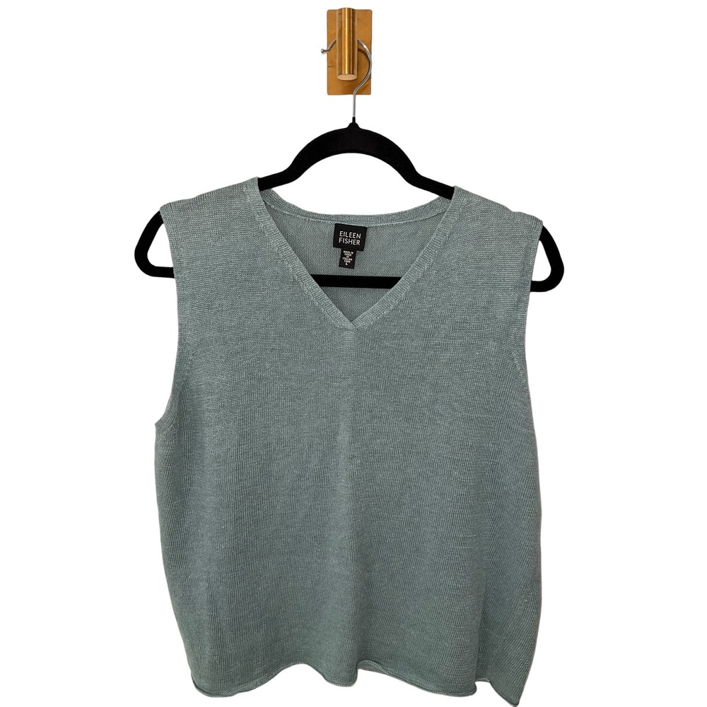 Eileen Fisher Sweater Vest 100% Linen Italian Yarn V-Neck Knit Teal Green Blue L - Picture 7 of 7